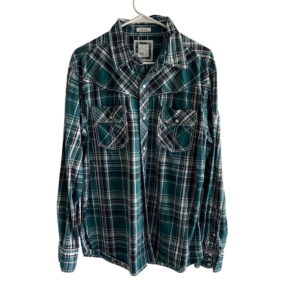 BKE Mens Western Snap Plaid Shirt Green Athletic Fit Thick Stitch Large